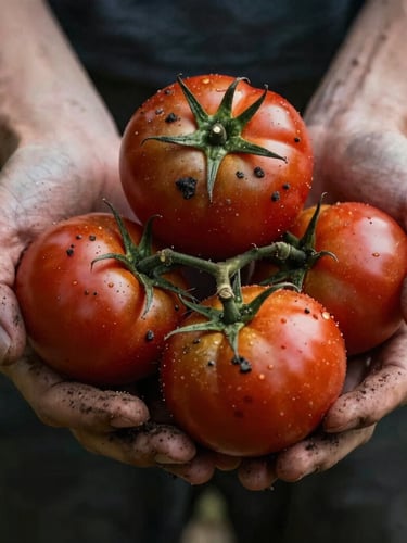 A close-up of dirty hands holding freshly harvested dark red heirloom tomatoes, soil still clinging to the skin, low-key natural morning light.