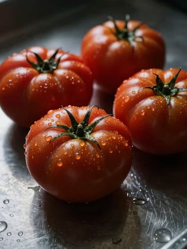 Close-up shot of raw heirloom tomatoes on a stainless steel prep table, water droplets catching low-key morning light, deep shadows, moody Scandinavian aesthetic.