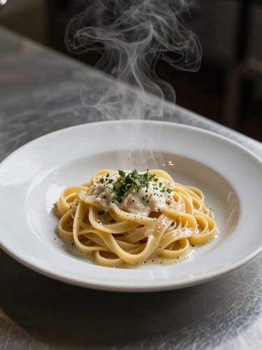 Macro overhead shot of steam rising from a handmade pasta dish being plated on a stainless steel kitchen line, low-key moody lighting, deep shadows, Scandinavian style.