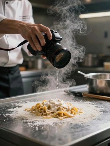 A professional camera capturing steam rising from a fresh pasta dish on a stainless steel counter, chef in active motion in the background, low-key moody Scandinavian lighting.