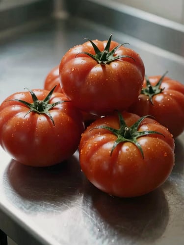 Moody, close-up shot of heirloom tomatoes stacked on a clean stainless steel counter, soft side light casting deep shadows.