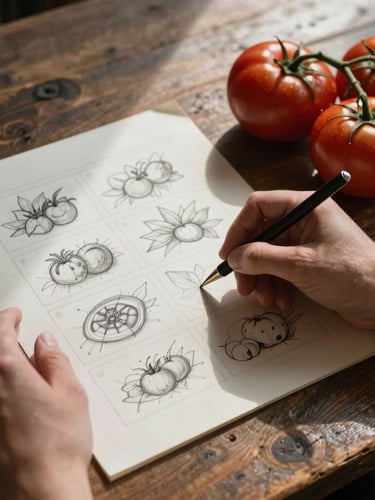 Hands sketching a storyboard on parchment paper next to raw heirloom tomatoes on a rustic wooden table, early morning light, deep shadows.