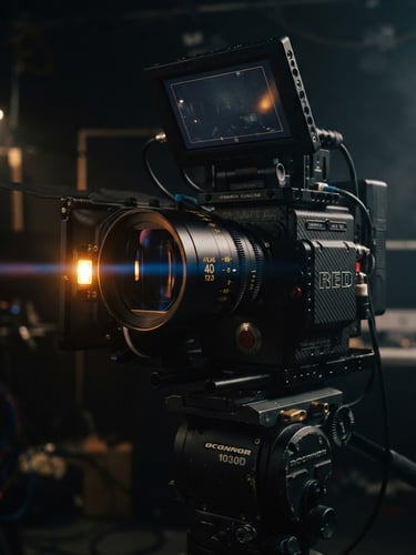 Close-up of a professional RED cinema camera rig with anamorphic lens reflection, warm amber tally light glowing, dark studio background, 35mm cinematic film photography