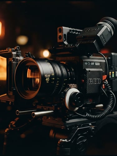 Close-up of a high-end RED cinema camera rig with anamorphic lens reflecting warm neon-amber light, moody low-key lighting, deep shadows, 35mm film look