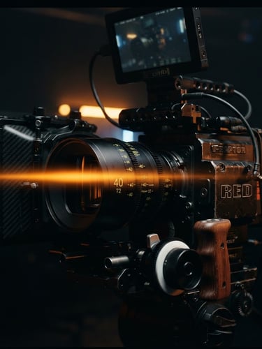 Extreme close-up of a high-end RED cinema camera rig in a dark studio, anamorphic lens flare reflecting neon amber light, 35mm cinematic film photography