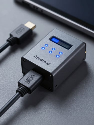 Macro shot of a rugged Android tablet connected via industrial USB-C cable to a programmable logic controller, cool slate grey tones, signal blue status indicators.