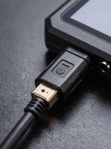 Close-up shot of a heavy-duty industrial data cable connected to a ruggedized Android device, sharp technical highlights, dark metallic background.