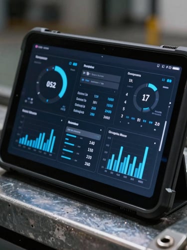 Macro shot of a rugged Android tablet mounted in an industrial metal dock, displaying high-contrast system telemetry charts, cool blue directional lighting.