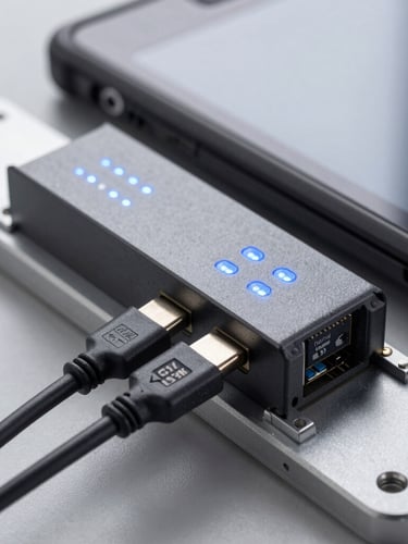 Macro shot of a rugged Android tablet mounted on an industrial DIN rail, connected via USB-C to a Modbus controller, cool blue status LEDs reflecting on the metallic casing, sharp focus.