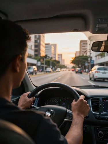 Dynamic angle from the passenger seat looking forward through a windshield onto a wide Brazilian urban avenue at golden hour, driver's hands on the steering wheel in sharp foreground, city blocks receding into warm amber light ahead, natural daylight, no people posing