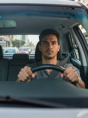 Dynamic low angle looking up through a car windshield from outside — a male driver in his 30s gripping the steering wheel, eyes forward, candid expression of focus. Natural midday urban light flooding the interior. Brazilian city street visible through the rear window, slightly out of focus. No posed smile, no studio lighting.