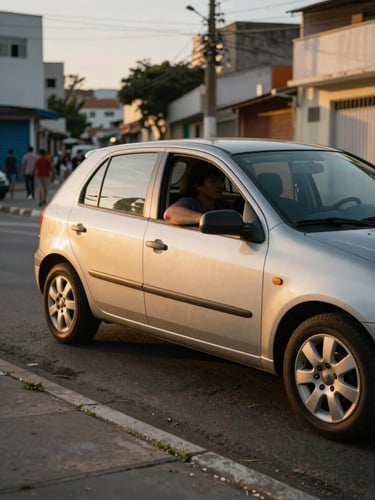 Wide shot from street level of a compact car pulling up to a curbside in a Brazilian urban neighborhood at golden hour. Driver's window slightly open, arm resting on the door frame. Warm late-afternoon light raking across the car's side panel. City buildings visible behind, pedestrians blurred in background. Candid, no staging.