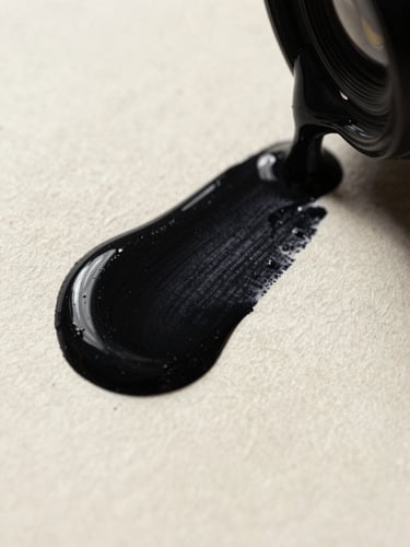 Macro close-up of thick black ink pooling on heavy, textured cream paper, harsh side-lighting casting deep shadows, showing the raw grain.