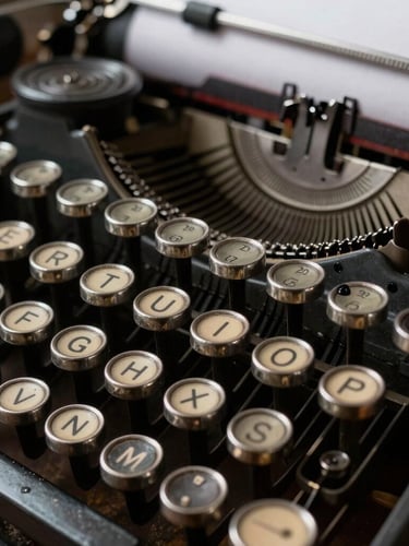 A close-up, high-contrast shot of mechanical typewriter keys, weathered steel surfaces, dark ink pooling on heavy textured paper, low-key lighting from a single side source.