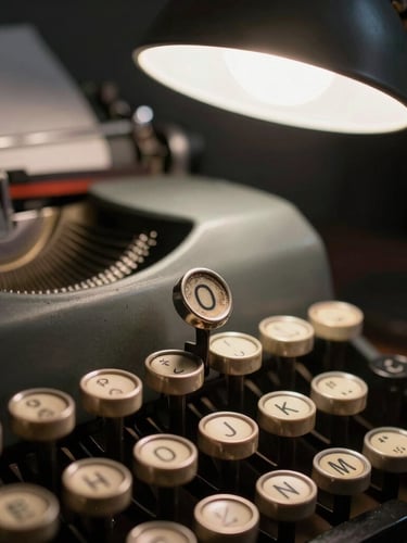 A single mechanical typewriter key, the letter 'O' worn and weathered, illuminated by a harsh desk lamp in a dark room.
