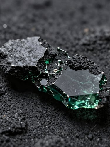 Macro shot of dark volcanic glass with sharp, fractured edges catching cold green side-lighting, set against a deep charcoal background with heavy physical texture.