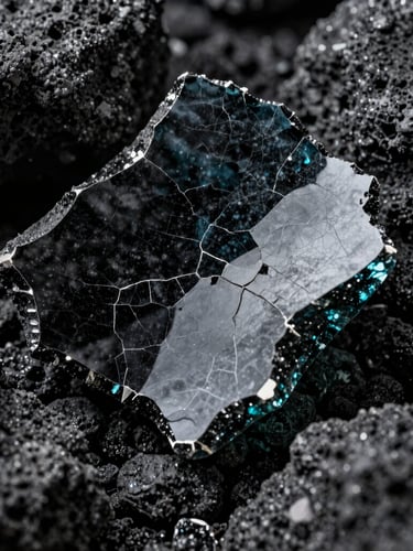 Macro shot of dark volcanic glass with sharp, fractured edges catching cold side-light