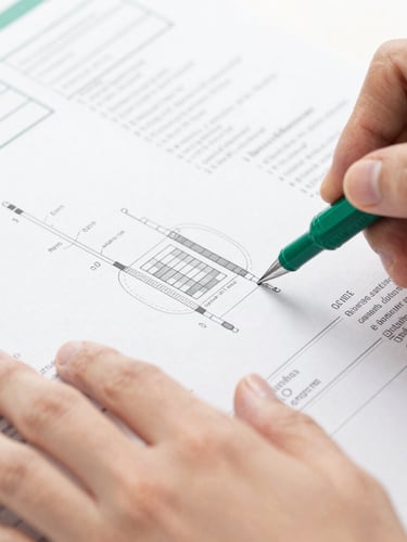 Extreme close-up of hands reviewing technical documentation, showing detailed schematics and material specifications, bright high-key studio lighting, clean emerald and white tones, sharp focus.