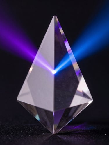 Macro photographic close-up of a flawless glass prism refracting sharp neon violet and deep blue light beams, dark background, ultra-clean technical aesthetic.