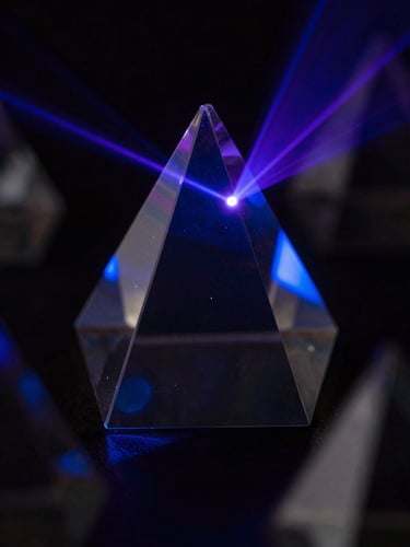 Macro close-up of geometric glass prisms refracting deep blue and purple laser light, dark atmospheric background with high contrast shadows.