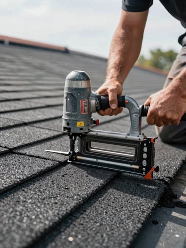 Close-up of a roofing installer in work gear laying crisp asphalt shingles with a pneumatic nail gun in clear daylight