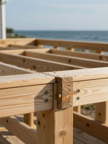 Close-up shot of a newly constructed cedar deck on a Massachusetts coastal home, bright natural New England daylight, highlighting the tight joist connections and clean post lines against a soft ocean background.