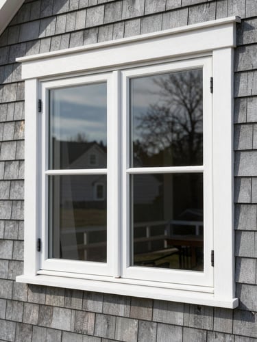 Close-up of a newly installed double-hung window frame on a gray shingle house, crisp white trim, bright natural New England morning light reflecting off the clean glass.