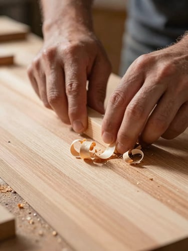 Close-up of a carpenter's hands planing a wooden surface, fine wood shavings curling away, warm natural side-light casting shadows across the grain, workbench edge visible at lower frame, no people's faces