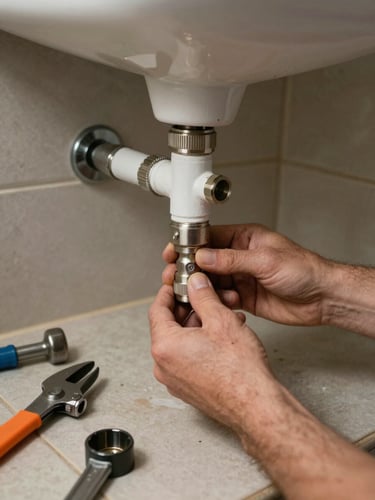 Close-up wide shot of a plumber's hands tightening a pipe fitting under a sink, real bathroom environment, natural candid light, tools laid out on tiled floor beside them