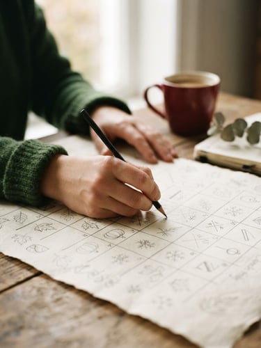 Close-up of hands sketching a seasonal content calendar on crisp parchment paper, soft Scandinavian window daylight, natural shadows, 35mm film