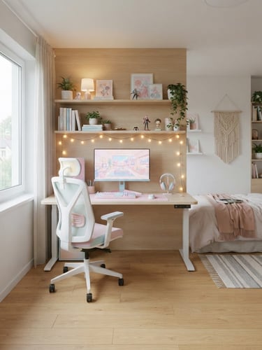 Wide shot of a modern teen bedroom, featuring a pastel-washed gaming desk with a monitor, ergonomic chair, and floating shelves, soft morning daylight, light wood tones, clean composition, right side of the image bleeds to the edge, warm Scandinavian interior photography, 35mm.