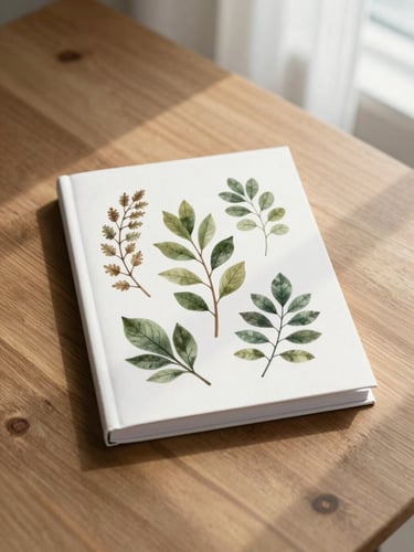 A clean, minimalist mockup of a digital e-book cover displaying botanical illustrations, placed on a warm wooden table with soft window light casting gentle shadows, organic editorial photography.