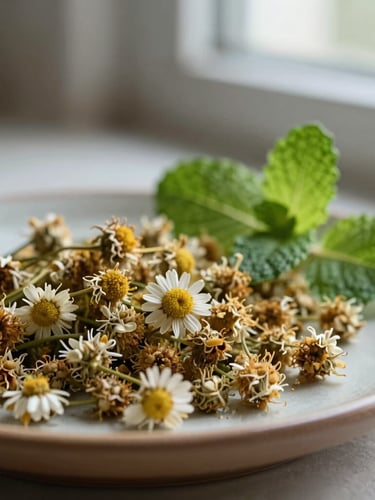 Close-up of dried chamomile flowers and fresh mint leaves on a warm ceramic plate, soft diffused window light, shallow depth of field