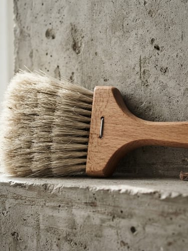 Close-up of a natural bristle brush head with an oiled beechwood handle, resting against a raw concrete wall, bright natural side-lighting, soft shadows, sharp focus, minimalist product photography, desaturated slate and wood tones.