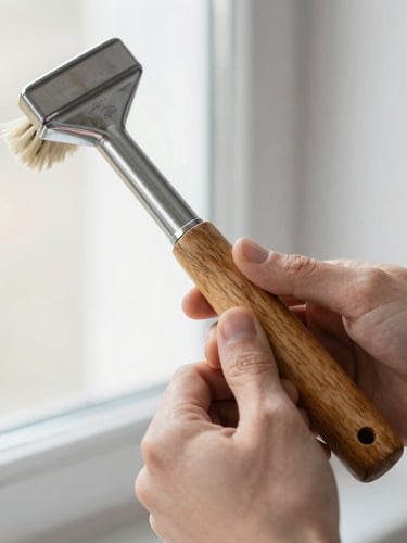 Close-up portrait shot of hands assembling a cleaning tool, showing the precise joinery of an oiled beechwood handle to a galvanized steel head, natural bristles visible, soft workshop lighting, sharp focus on the tactile materials, 50mm.