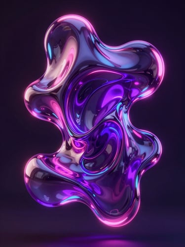 Abstract fluid 3D metallic sculpture with glossy glass elements, glowing neon pink and deep violet reflections, floating dynamically, dark background.
