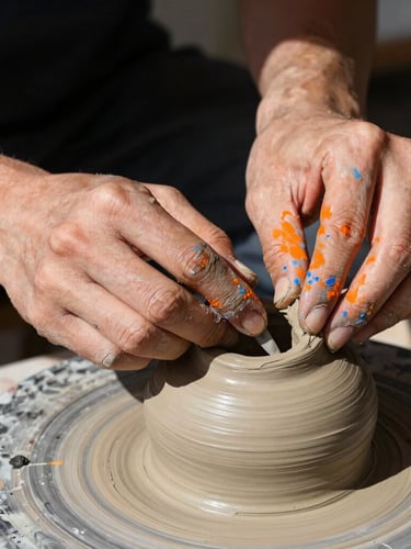 Hands covered in dry, bright orange and blue pigments working on a raw clay sculpture in a sunlit studio, harsh direct light, sharp dark shadows, macro texture, 35mm lens