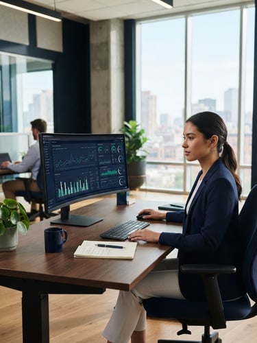 Wide-angle editorial photograph of a modern professional service workspace with natural daylight, a clean desk with active dashboard on screen, deep navy tones, sharp focus, 35mm