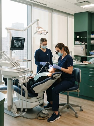 Bright clinical dental clinic interior with sunlight streaming through large windows, modern equipment in sharp focus, 35mm, editorial business photography, emerald tones.
