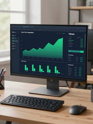 A clean, modern desk setup with an active analytics dashboard on a screen, showing cost-per-acquisition graphs in emerald green, bright natural daylight, 35mm
