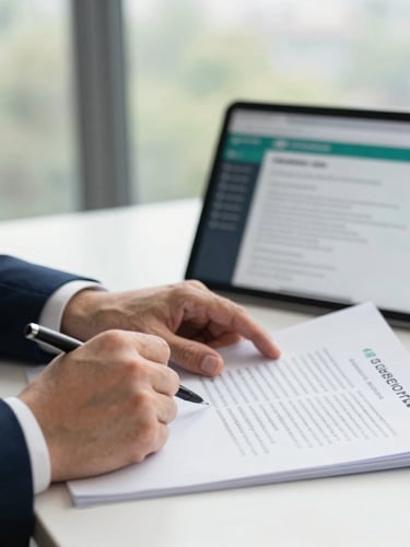 Close-up of a professional solicitor reviewing documents on a clean desk, a tablet showing an active lead-generation dashboard in the background, sharp focus, natural window light, 35mm