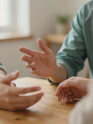 Close-up of two people talking in a soft-lit room, hands gesturing gently on a wooden table, warm diffused daylight, shallow depth of field.
