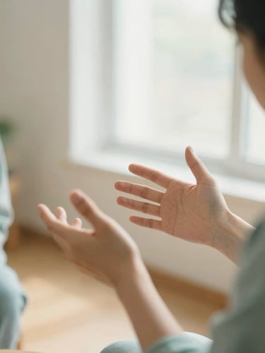 Soft environmental shot of two people talking in a warm, sunlit room, focusing on expressive hand gestures, shallow depth of field