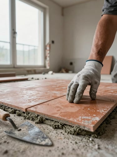 Close-up of a craftsman's hand pressing a large terracotta floor tile into fresh mortar in a gutted apartment room, natural daylight from a tall window on the left, grey cement dust visible on the gloved fingers, trowel resting in the foreground