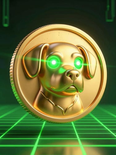 Vibrant 3D render of a glossy golden dog coin with glowing green laser eyes, floating in a dark cyber void with neon green grid lines, high-contrast digital art style.