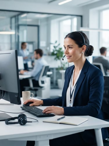 Professional customer support agent, female, in a clean, modern office setting, looking at a screen with a friendly but serious expression, bright cool studio light, professional blue and white tones, sharp focus, 50mm lens