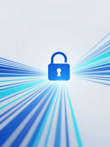 Abstract representation of secure data streams, blue and teal glowing lines converging into a digital lock icon, clean corporate photography, bright cool studio light, professional blue and white tones, sharp focus