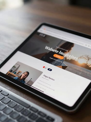 Tablet lying flat on a work desk showing a website with two language toggles visible in the navigation bar, natural daylight from the left, tight shot on the screen and keyboard edge