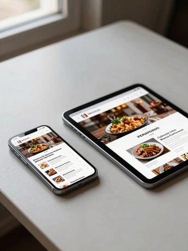 Wide shot of a smartphone and tablet on a minimal light desk, both showing a bilingual Mexican restaurant website — Spanish on the phone, English on the tablet — natural side light from a window, screens sharp and readable, no props