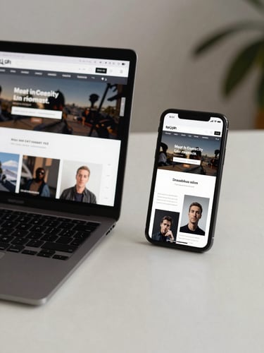 Laptop and phone side-by-side on a minimal light desk, both screens showing the same website adapting its layout from wide to narrow, natural daylight, tight documentation-style framing